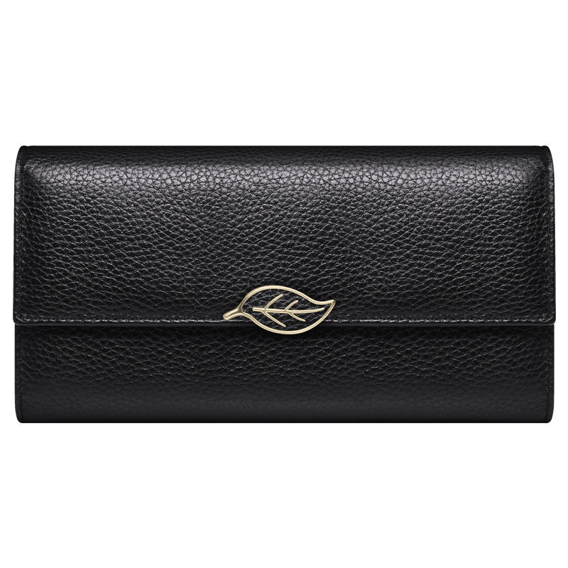 Guangzhou Leather Factory 2025 New Litchi Grain Top Layer Cowhide Women's Wallet Women's Long Genuine Leather Leaf Wallet