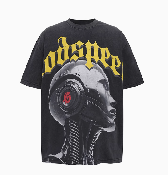 American retro washed vintage sci-fi steel robot print men's and women's loose hip-hop round neck short sleeved T-shirt trendy slimming cream