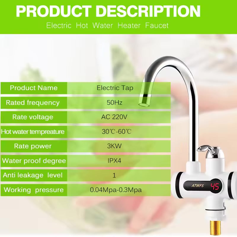 3000W Temperature Display Instant Hot Water Tap Tankless Electric Faucet Kitchen Instant Hot Faucet Water Heater Water Heating