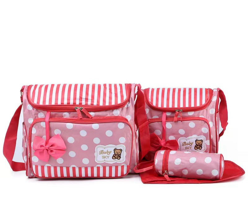 Cross-border printing large polka dot mommy bag four-piece set multifunctional large capacity butterfly festival one-shoulder bear mother and baby bag
