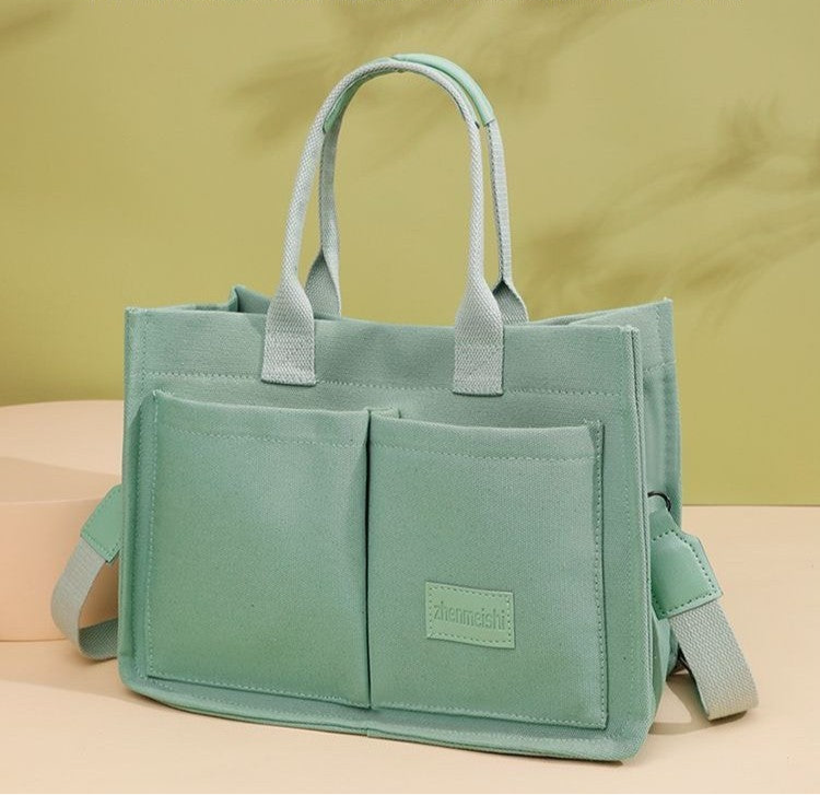 Cross-border canvas bag women's large capacity multi-pocket ladies bag trendy crossbody bag wide shoulder strap handheld tote bag