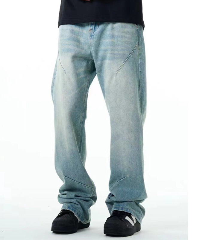 Washed distressed casual jeans straight loose fit  summer thin simple style blue trousers spot delivery