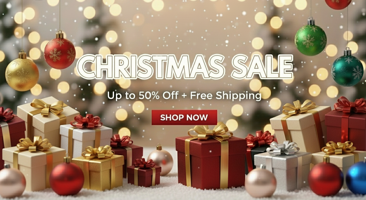 Christmas sale advertisement with presents and ornaments on a festive background