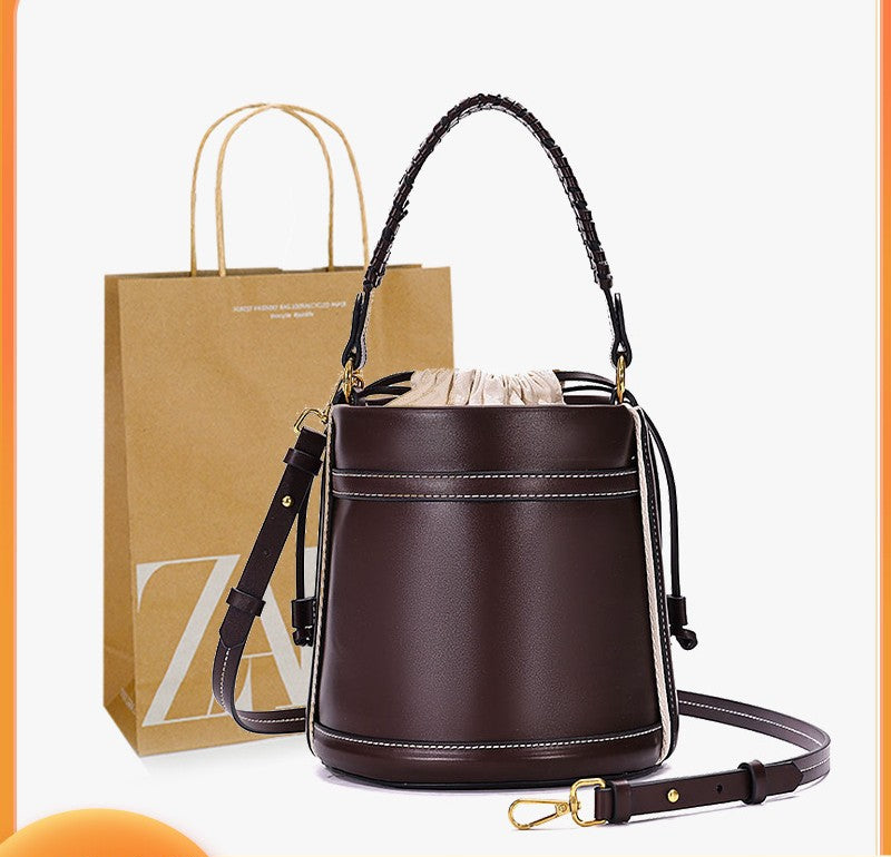 ZA cross-border women's bag 2025 new brown double handle cylindrical hand-held crossbody bucket bag cylindrical shoulder bag