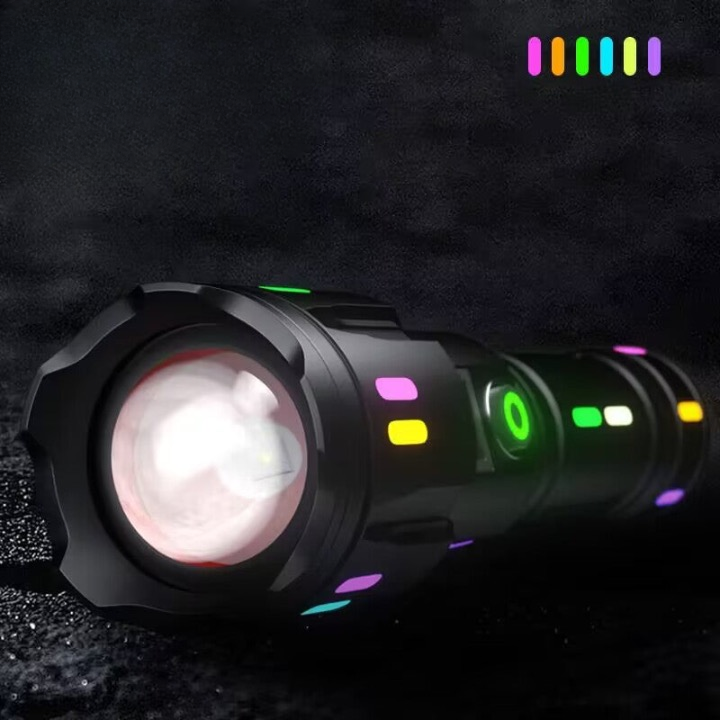 Multifunctional flashlight with lithium battery, fluorescent bar, digital display, Type-C rechargeable, strong light, zoom, white laser flashlight, long battery life