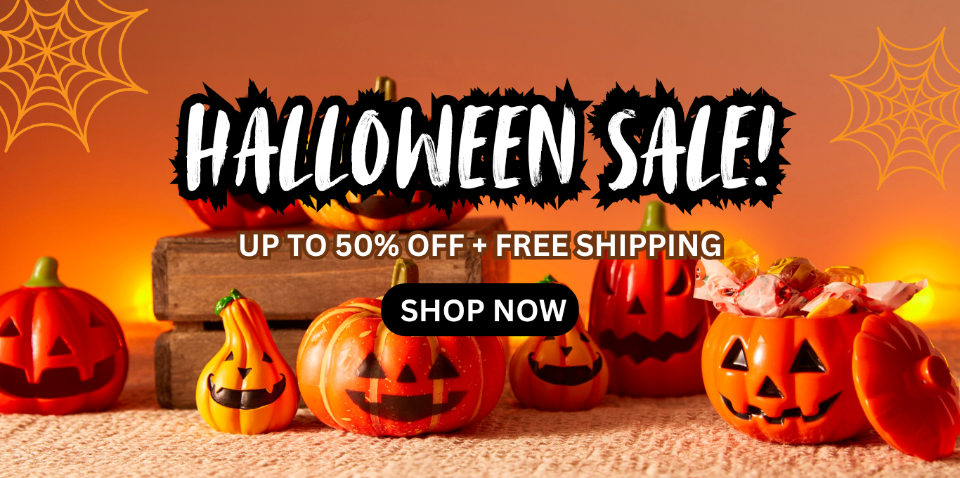 Halloween sale banner with pumpkins and text on an orange background