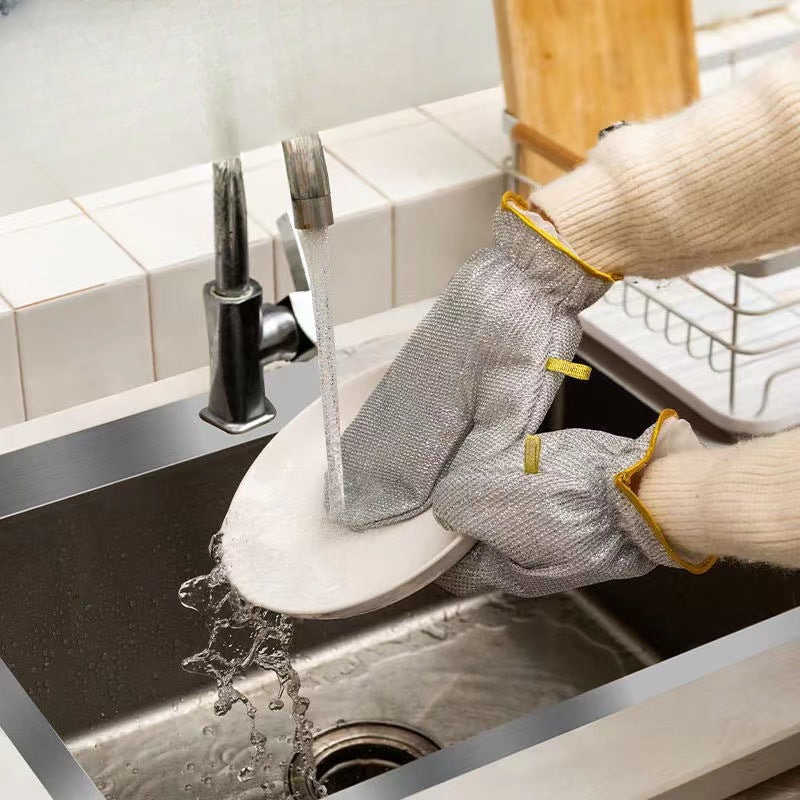 Kitchen silver wire dishwashing gloves heat insulation anti-scalding steel wire gloves cleaning scouring pad multifunctional gloves