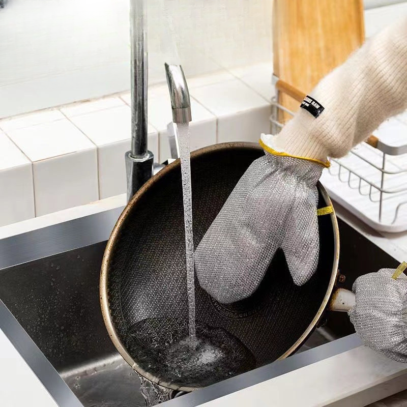 Kitchen silver wire dishwashing gloves heat insulation anti-scalding steel wire gloves cleaning scouring pad multifunctional gloves