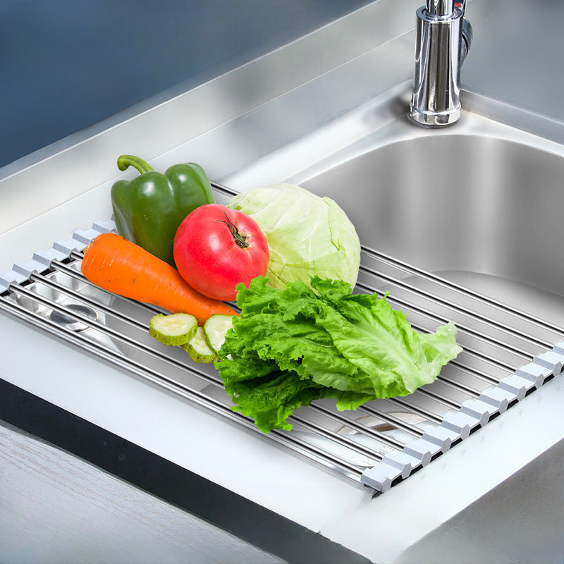 Cross-border stainless steel folding sink drain rack multifunctional silicone roller curtain rack household vegetable washing basin fruit and vegetable drain curtain