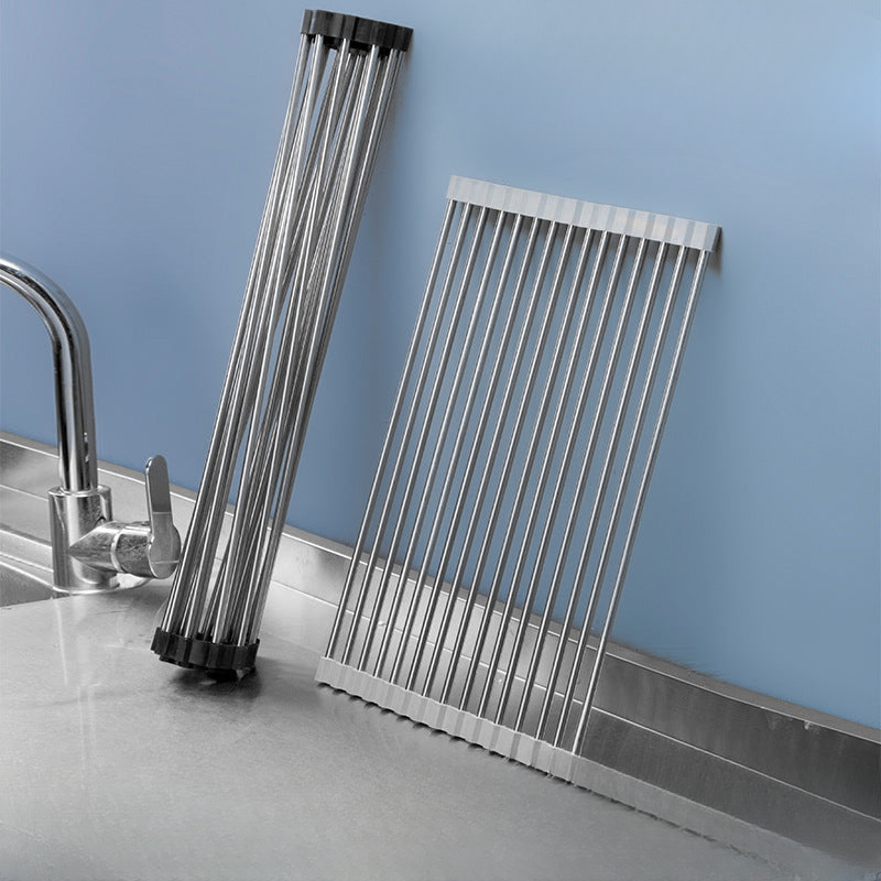Cross-border stainless steel folding sink drain rack multifunctional silicone roller curtain rack household vegetable washing basin fruit and vegetable drain curtain