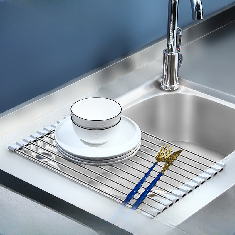 Cross-border stainless steel folding sink drain rack multifunctional silicone roller curtain rack household vegetable washing basin fruit and vegetable drain curtain