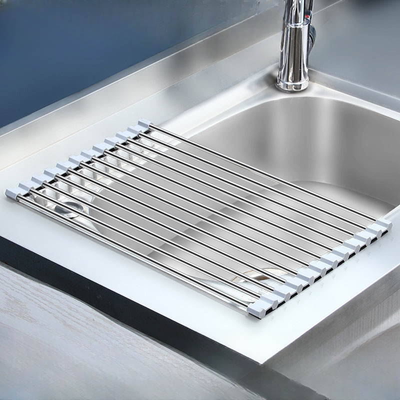 Cross-border stainless steel folding sink drain rack multifunctional silicone roller curtain rack household vegetable washing basin fruit and vegetable drain curtain