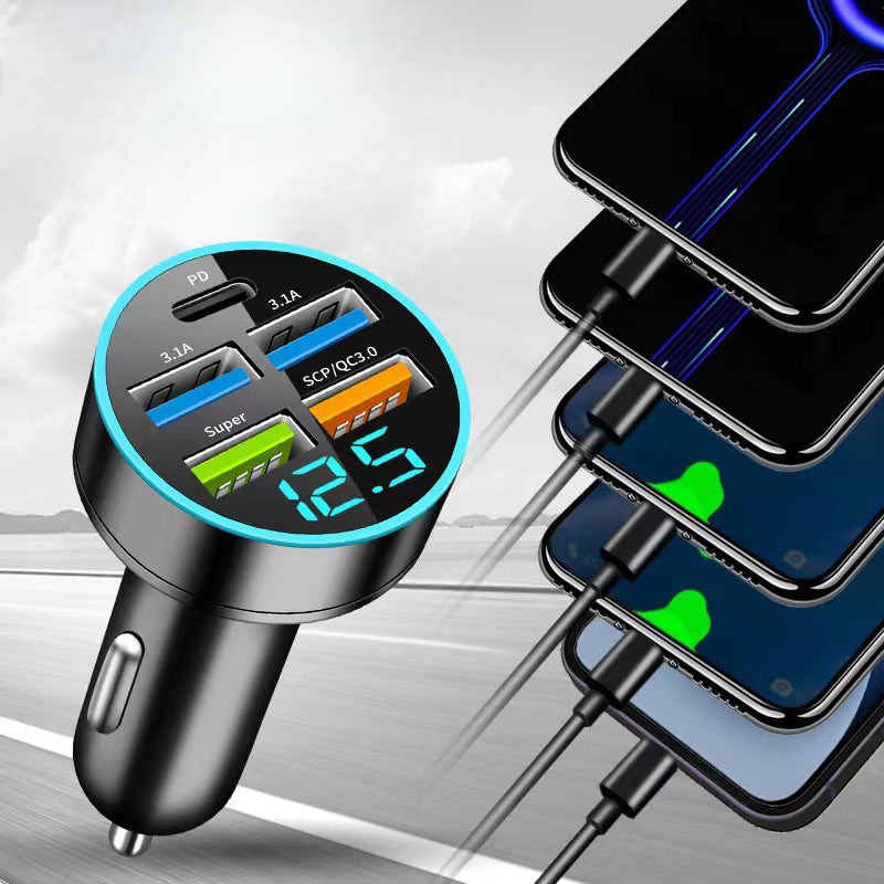 New digital display car charger 4USB 66W fast charging PD mobile phone charger one to four QC3.0 car charger