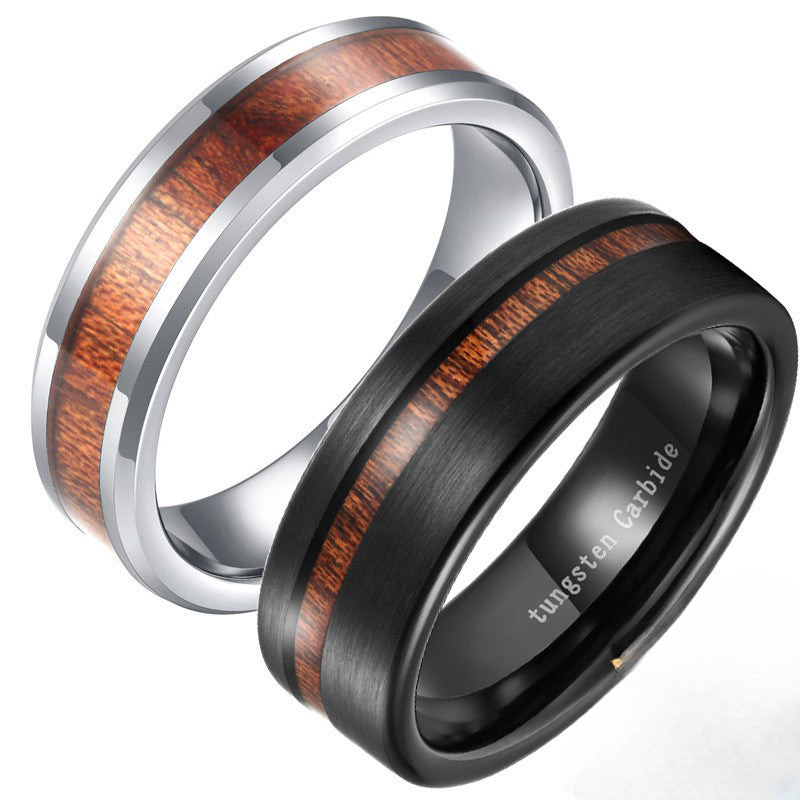 Manufacturers spot wholesale fashion inlaid wood veneer width 6/8mm unisex couple wood grain tungsten steel ring foreign trade