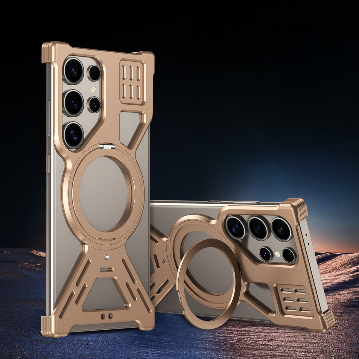Cross-border applicable Samsung S25Ultra hollow metal mobile phone case S24U magnetic suction rotating bracket mobile phone case anti-fall
