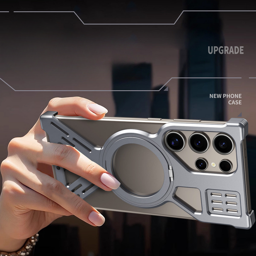 Cross-border applicable Samsung S25Ultra hollow metal mobile phone case S24U magnetic suction rotating bracket mobile phone case anti-fall