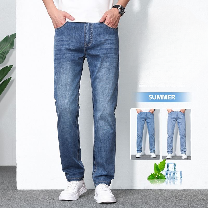 2025 new high-end stretch summer thin jeans men's loose straight ice silk casual large size long pants