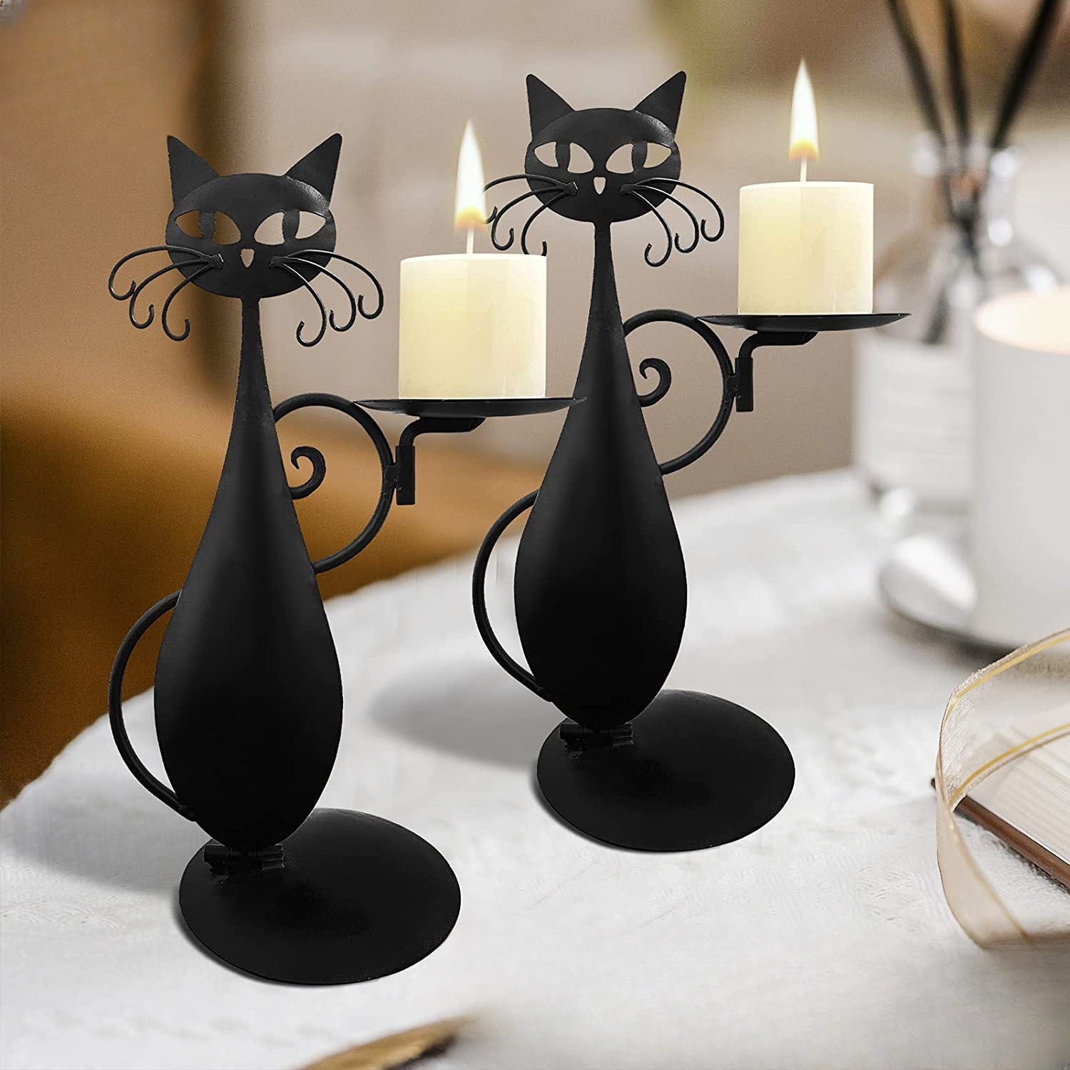 Cross-border black cat candle holder metal candle holder decoration retro country farmhouse metal decoration dining table and housewarming gift