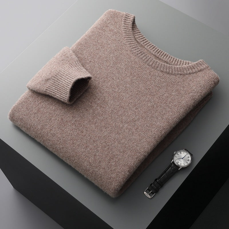 Autumn and winter round neck wool sweater men's 100% pure wool thick pullover sweater loose casual solid color knitted bottoming shirt