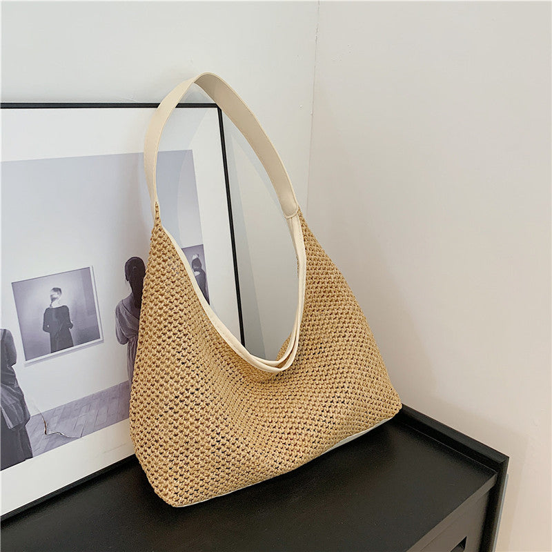 Korean ins retro woven tote bag straw bag large capacity underarm bag shoulder bag holiday style beach bag female