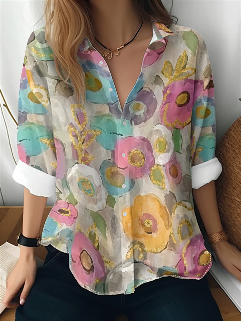 Cat cross-border European and American women's 3D printed floral pattern long-sleeved shirt women's fashion tops