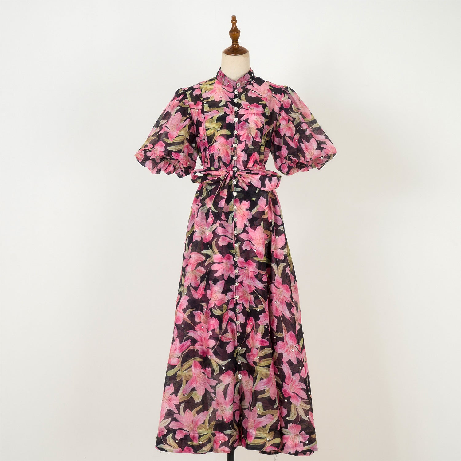 European and American cross-border summer palace style high-end design heavy-duty rhinestone short-sleeved single-breasted dress with suspenders