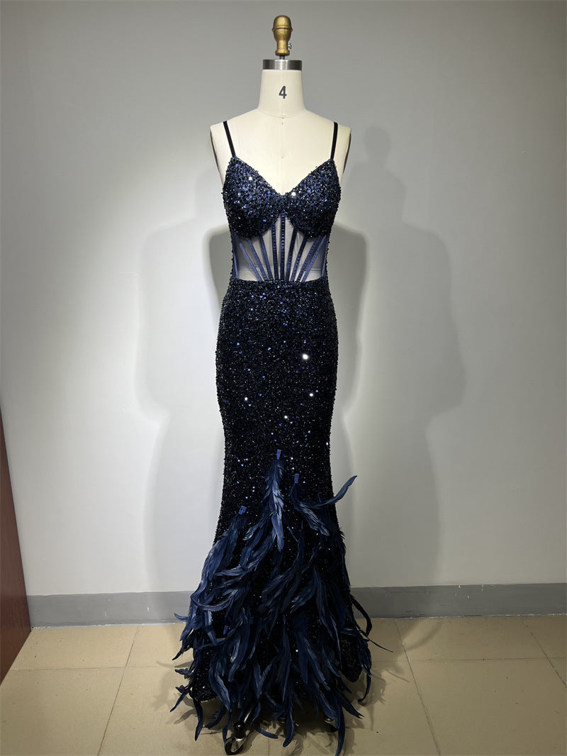 European and American glitter sexy perspective gorgeous feather skirt suspender dress luxury party dinner dress