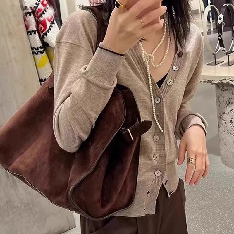 Tote bag women's 2025 new spring and summer high-end niche design large-capacity commuter retro suede handbag
