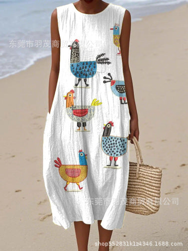 2025 European and American spring and summer new sleeveless casual printed temperament long skirt dress slim small fresh casual skirt