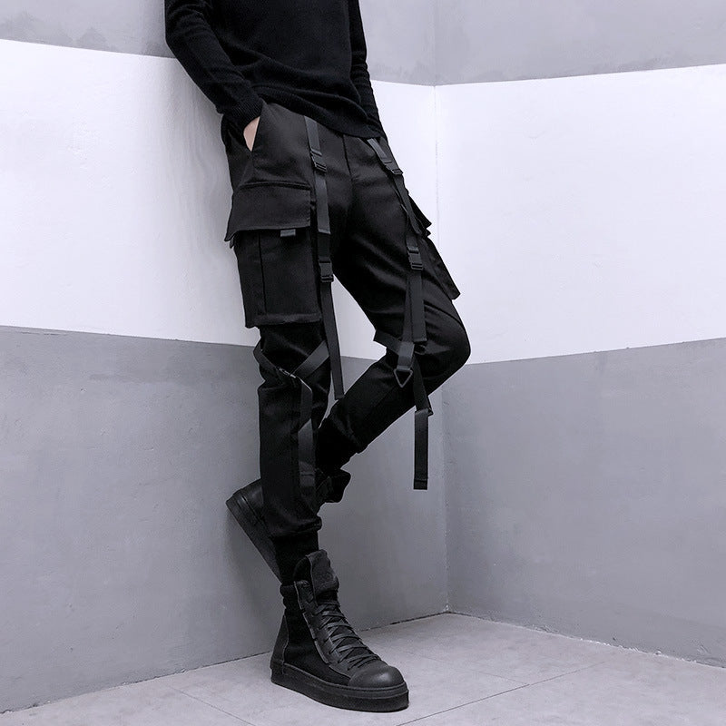 Trendy functional style tactical multi-pocket ribbon paratrooper overalls street fashion brand harem pants