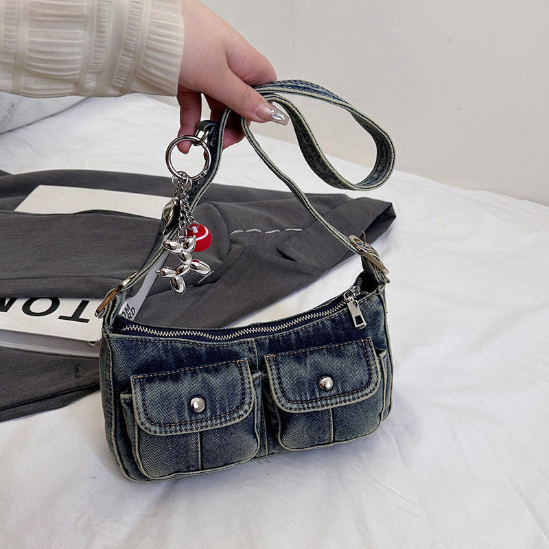 Small bag, shoulder bag, underarm bag, hot girl baguette bag, fashionable and simple commuter bag, 2025 spring new denim bag