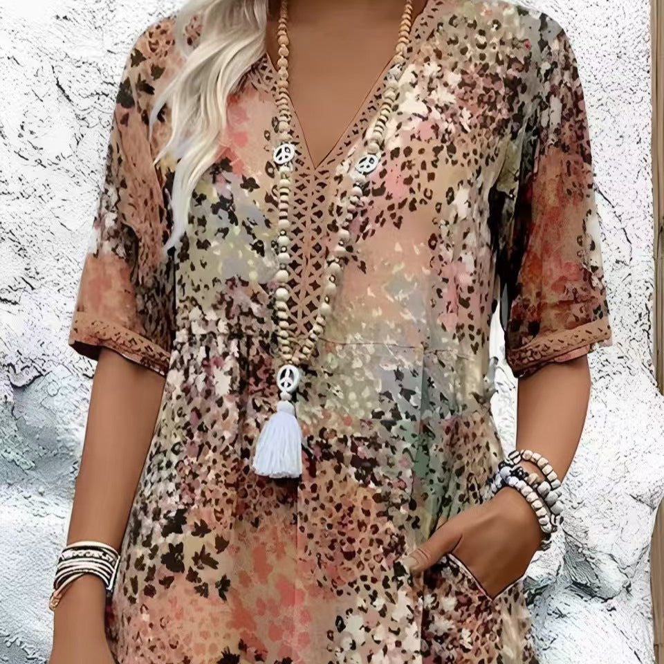 2025 European and American new printed summer V-neck casual vacation pocket dress home clothes foreign trade women