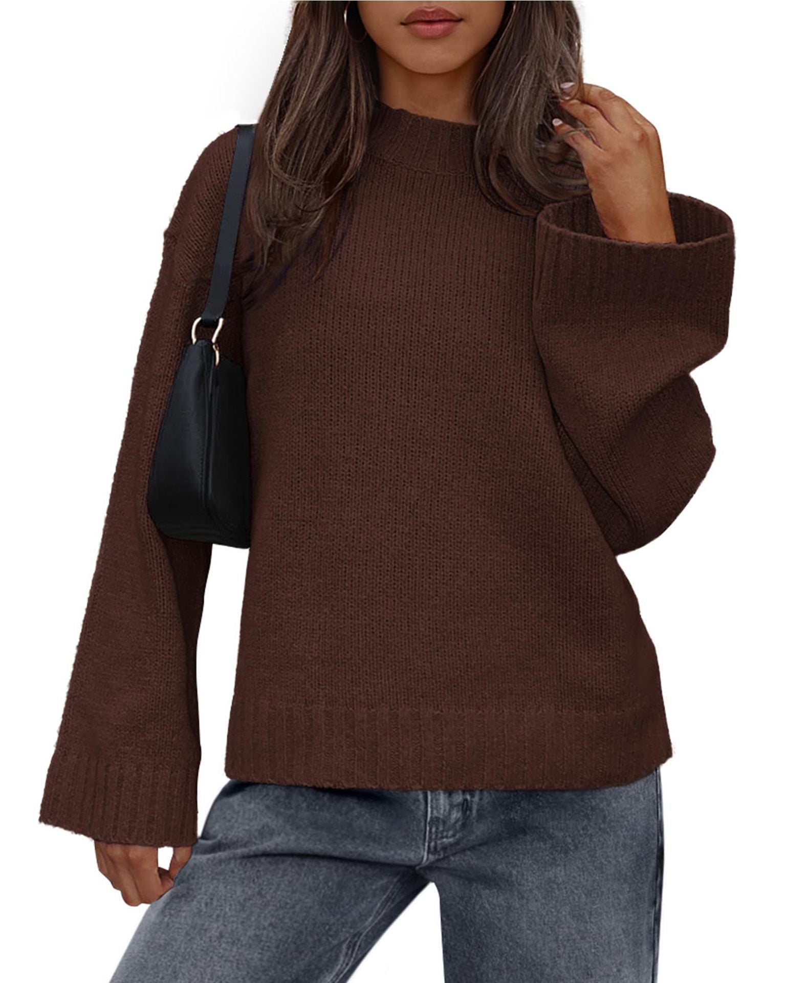 2025 Foreign Trade Autumn and Winter New Arrival Casual Round Neck Loose Solid Color Long Sleeve Trumpet Sleeve Knitted Sweater Women's Clothing