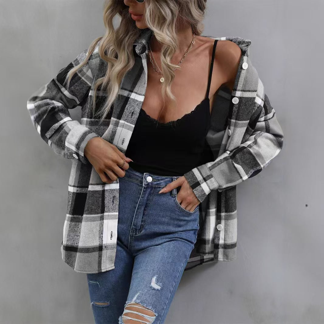 2025 Spring and Autumn Cross-border Retro All-match Lapel Loose Shirt #Plaid Long Sleeve Pocket Women's Shirt