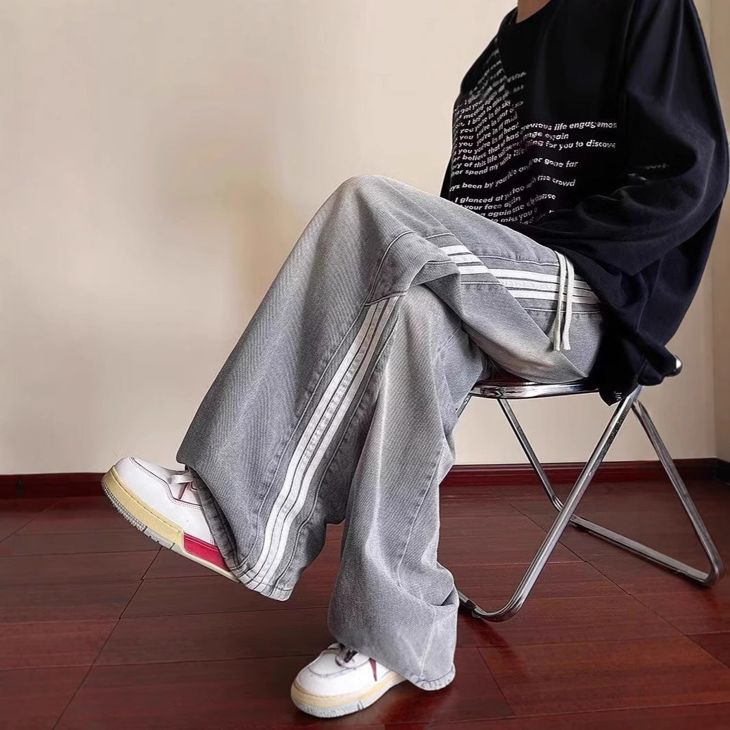 Men's spring and autumn new jeans men's Hong Kong trend brand loose casual wide-leg pants trendy men's pants men's clothing