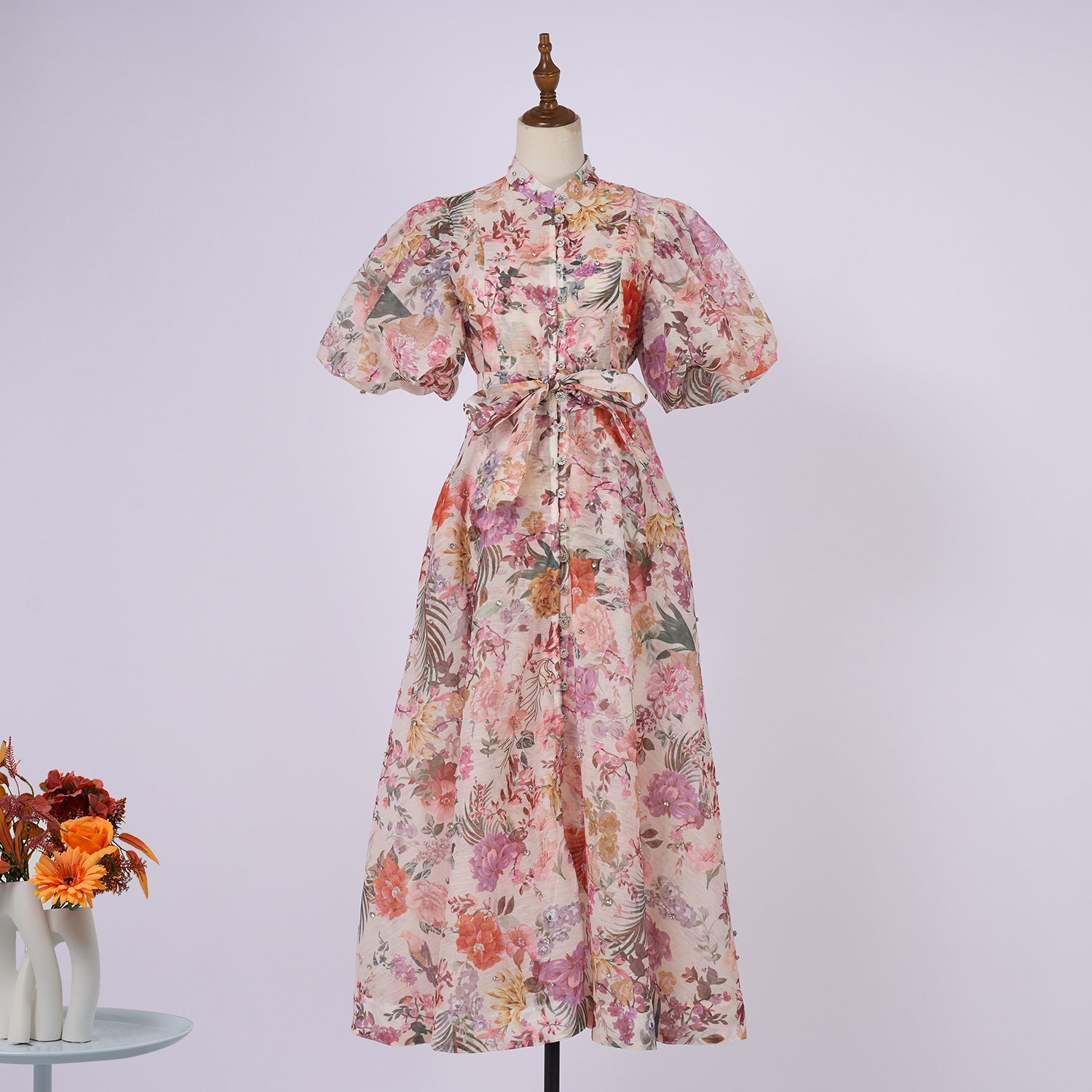 European and American cross-border summer palace style high-end design heavy-duty rhinestone short-sleeved single-breasted dress with suspenders