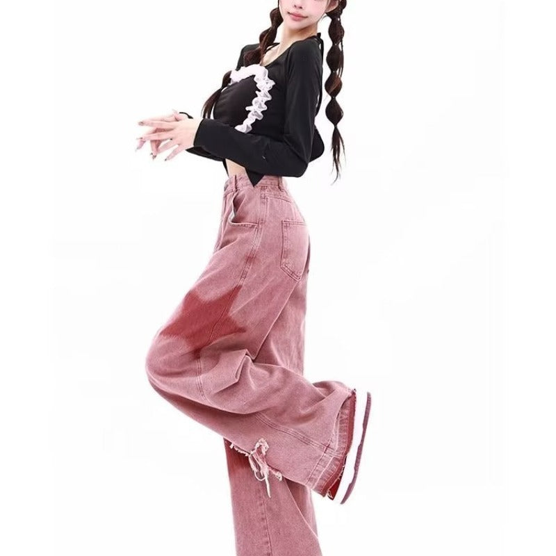 American retro star embroidered jeans for women early autumn new dopamine wear high waist loose wide leg pants