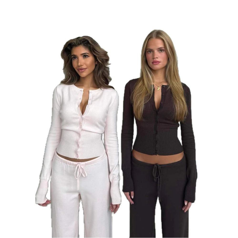 Sexy European and American pure desire knitted suit Slim button slimming long sleeve low waist casual trousers two-piece suit for women