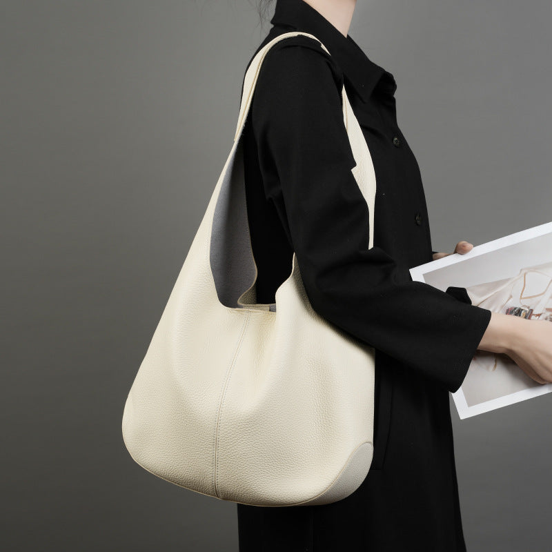 New Korean Internet celebrity women's bag bucket bag large capacity first layer leather tote bag high-end armpit shoulder genuine leather bag