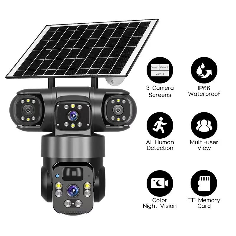 V380 trinocular solar camera three-screen low power consumption ball camera zoom 4G PTZ outdoor surveillance camera