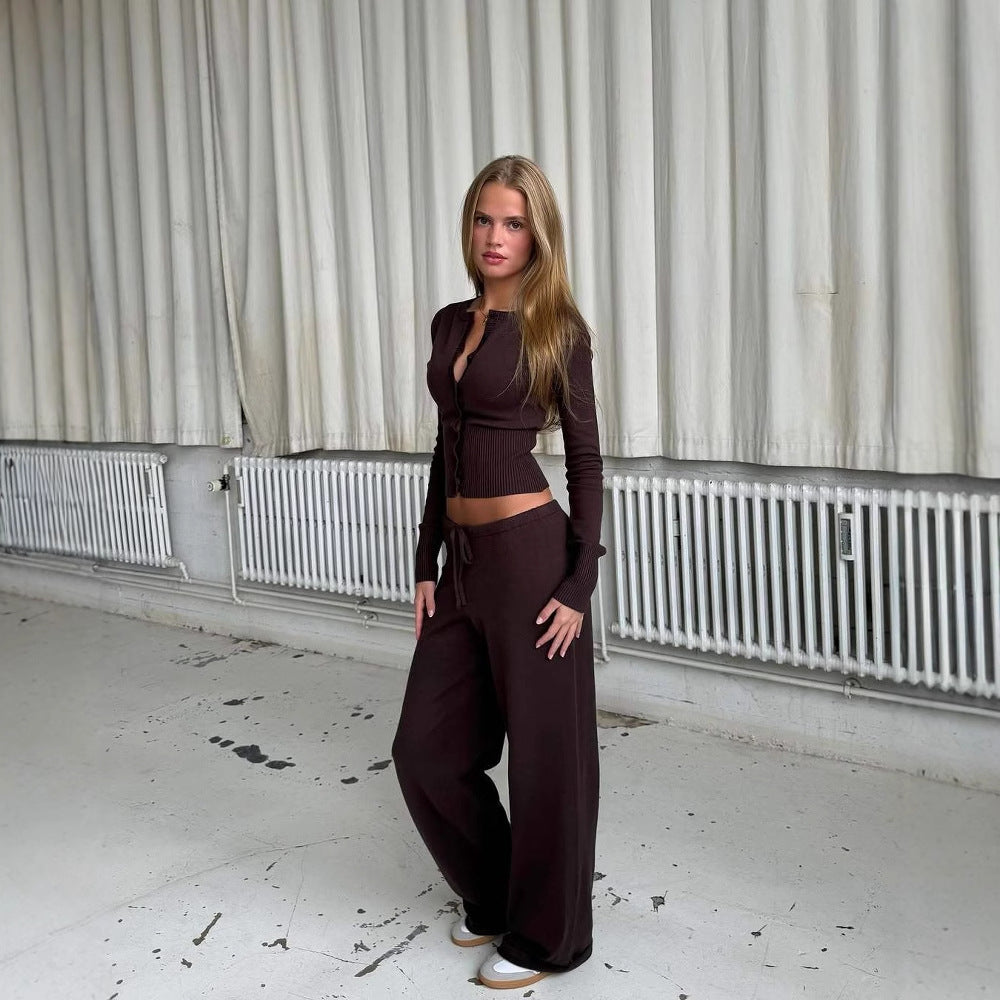 Sexy European and American pure desire knitted suit Slim button slimming long sleeve low waist casual trousers two-piece suit for women