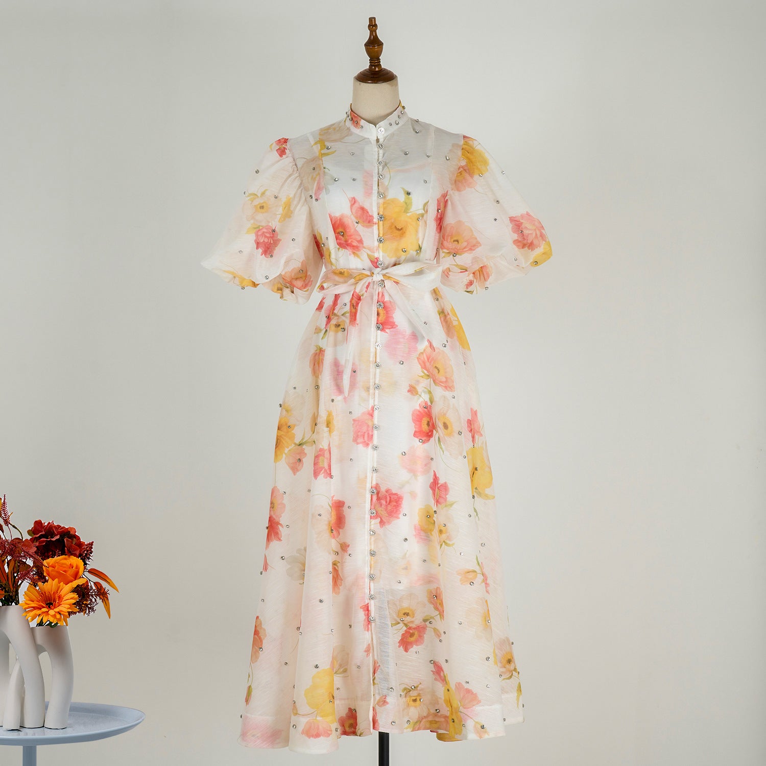 European and American cross-border summer palace style high-end design heavy-duty rhinestone short-sleeved single-breasted dress with suspenders