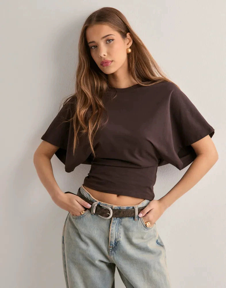 2025 Korean style round neck pullover short-sleeved T-shirt for women summer new simple and versatile solid color loose top