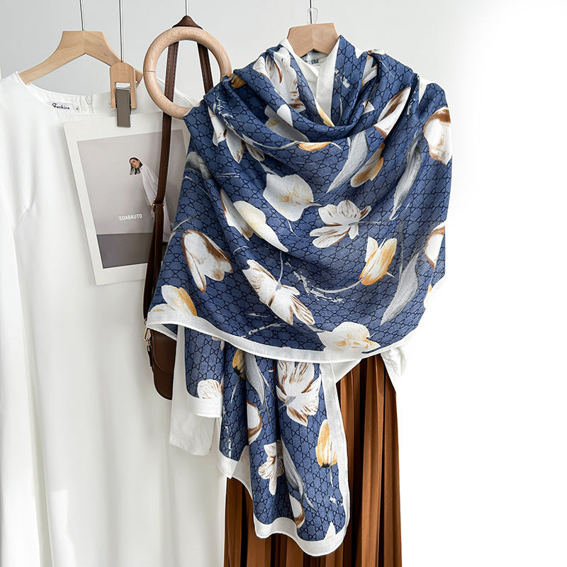 New printed silk scarf, thin gauze scarf, cotton and linen feel scarf for women in autumn and winter, high-end long warm shawl