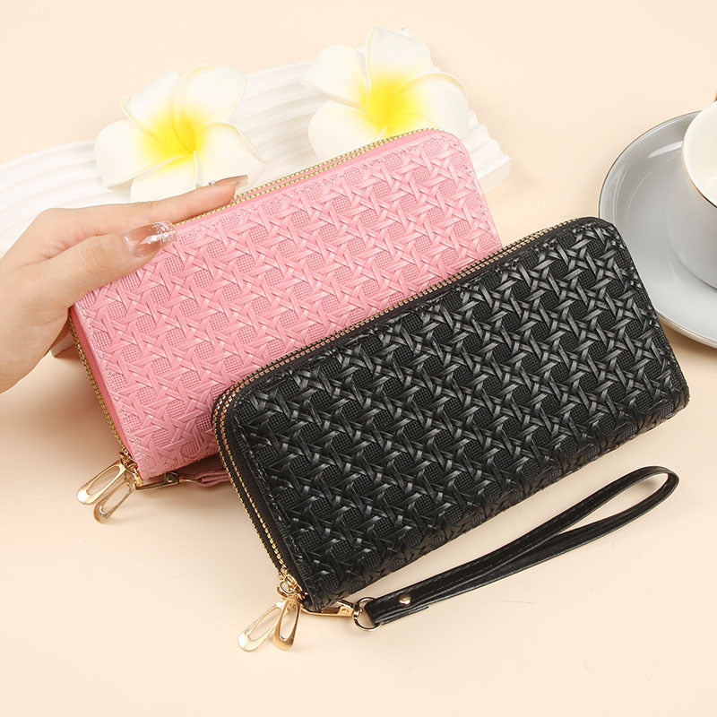 Foreign trade-specific wallet for women, long woven pattern double zipper large capacity clutch bag, multifunctional patent leather mobile phone bag for women