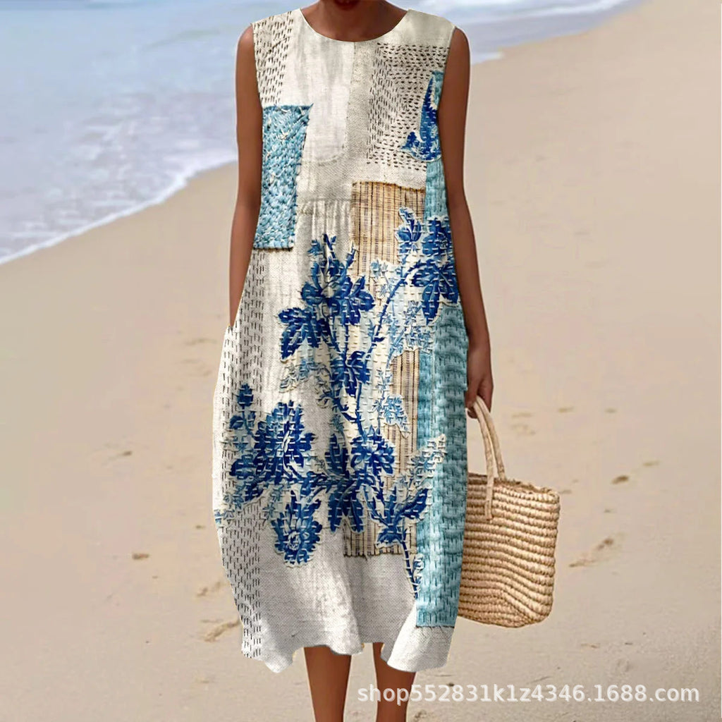2025 European and American spring and summer new sleeveless casual printed temperament long dress slim small fresh casual dress