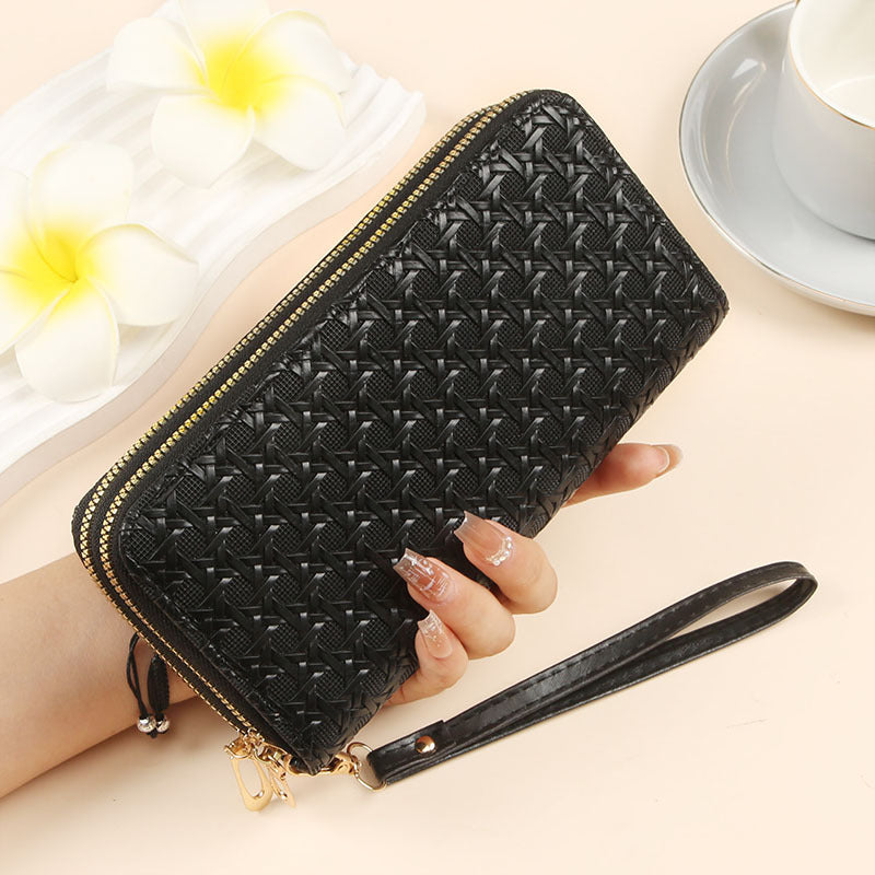 Foreign trade-specific wallet for women, long woven pattern double zipper large capacity clutch bag, multifunctional patent leather mobile phone bag for women