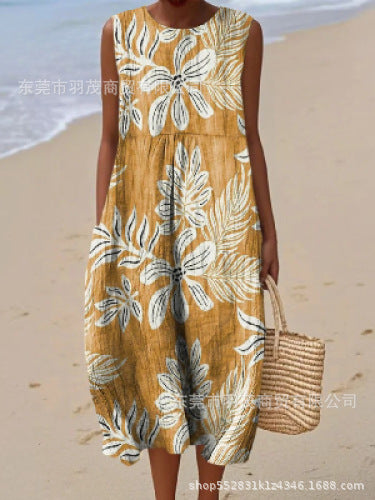 2025 European and American spring and summer new sleeveless casual printed temperament long skirt dress slim small fresh casual skirt