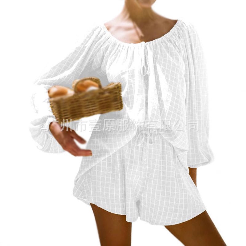Cross-border European and American 2025 summer new round neck long-sleeved shirt shorts two-piece plaid shirt suit