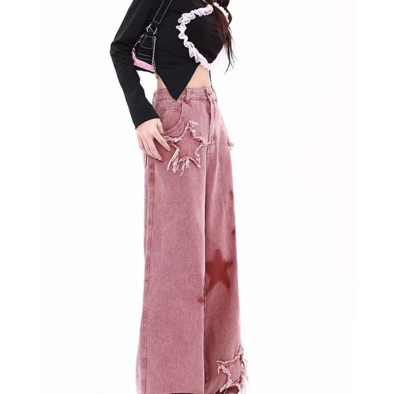 American retro star embroidered jeans for women early autumn new dopamine wear high waist loose wide leg pants